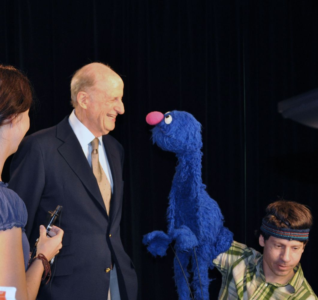 Eli Evans with Grover at Sesame Street video shoot